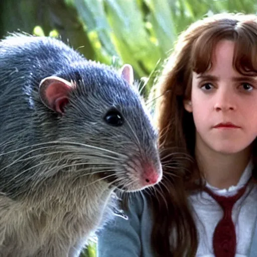 Prompt: hermione and a giant rat