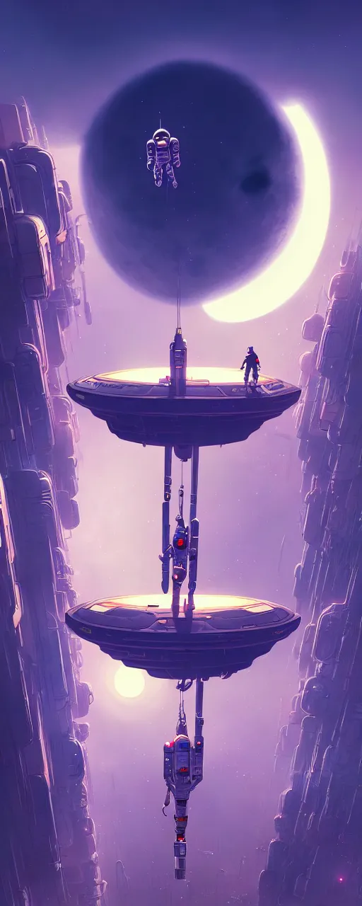 Prompt: A picture of an astronaut floating upside down close to the camera in a cyberpunk surreal city with a full moon by Jordan Grimmer, Jean Giraud and Neil Blevins trending on artstation