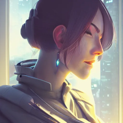 Image similar to portrait of cyberpunk woman looking out of a window, cyberpunk setting, futuristic, highly detailed, intricate lighting, digital painting, sharp focus, illustration, trending on artstation, art by makoto shinkai.