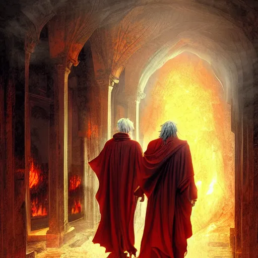 Prompt: Dante Alighieri and the poet Virgil walking through the gates of hell, by Marc Simonetti