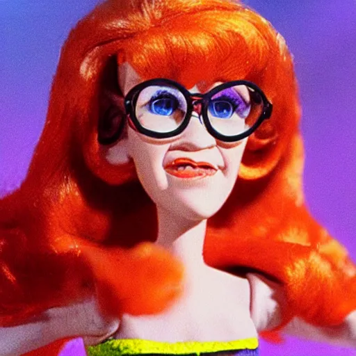 Prompt: still of velma from a rankin bass stop motion animation