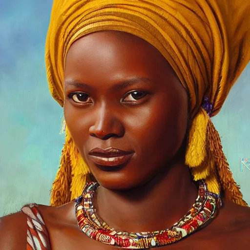 Image similar to portrait of a tanzanian woman ( 3 5 ) from tanzania, an oil painting by ross tran and thomas kincade