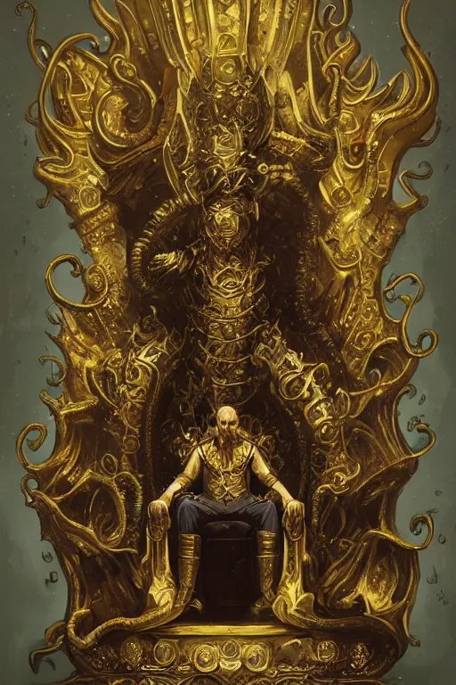 Prompt: lovecraftian gilded king on a throne, gold accents, digital art, in the style of greg rutkowski, trending on artstation