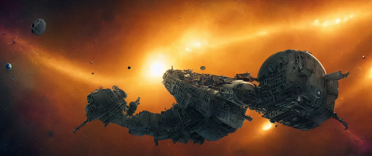 Image similar to tiny spaceship, deep space exploration!!!, flying, the expanse tv series, industrial design, the final frontier, illustrative!!, punk!!!, space pirate, hyperdetailed, hyperrealistic, utilitarian cargo ship, underexposed, cinematic lighting, 4k, wide angle, beksinski, trending on artstation