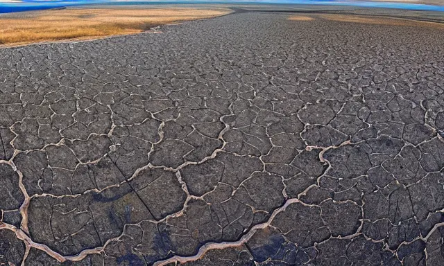 Image similar to panorama of big raindrops flying upwards into the perfect cloudless blue sky from a dried up river in a desolate land, dead trees, blue sky, hot and sunny highly-detailed, elegant, dramatic lighting, artstation, 4k, cinematic landscape, photograph by Elisabeth Gadd, National Geographic, weird weather phenomenon