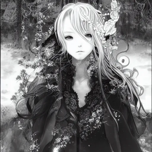 Image similar to a portrait of a character in a scenic environment by Yoshitaka Amano, black and white, dreamy, dark eyes, wavy silver hair, highly detailed