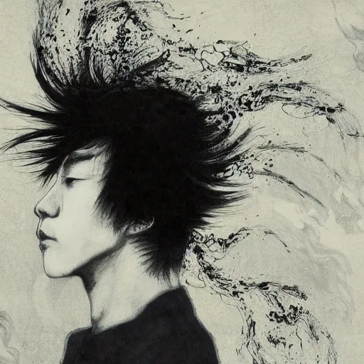 Image similar to Yoshitaka Amano blurred and dreamy illustration of a man with black short hair fluttering in the wind and cracks on his face, abstract black and white patterns on the background, noisy film grain effect, highly detailed, Renaissance oil painting, weird portrait angle