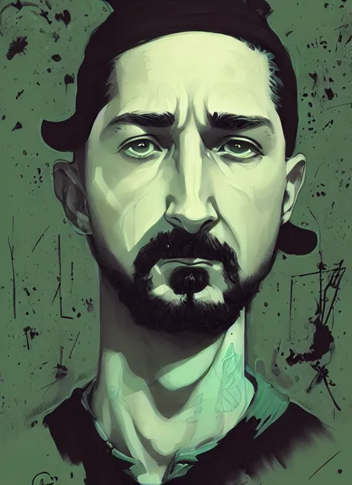 Prompt: highly detailed closeup portrait of creepy staring shia lebouf by atey ghailan, by greg rutkowski, by greg tocchini, by james gilleard, by joe fenton, by kaethe butcher, gradient green, black and white color scheme, grunge aesthetic!!! ( ( graffiti tag wall background ) )