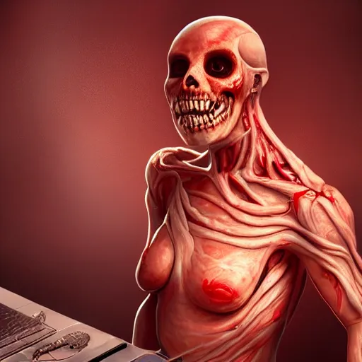 Image similar to a pc made out of flesh, computer made out of human flesh, skin on the gaming pc, personal computer horror, server, electronic, skinned alive, blood, teeth, intricate, highly detailed, digital painting, artstation, concept art, smooth, sharp focus, illustration,