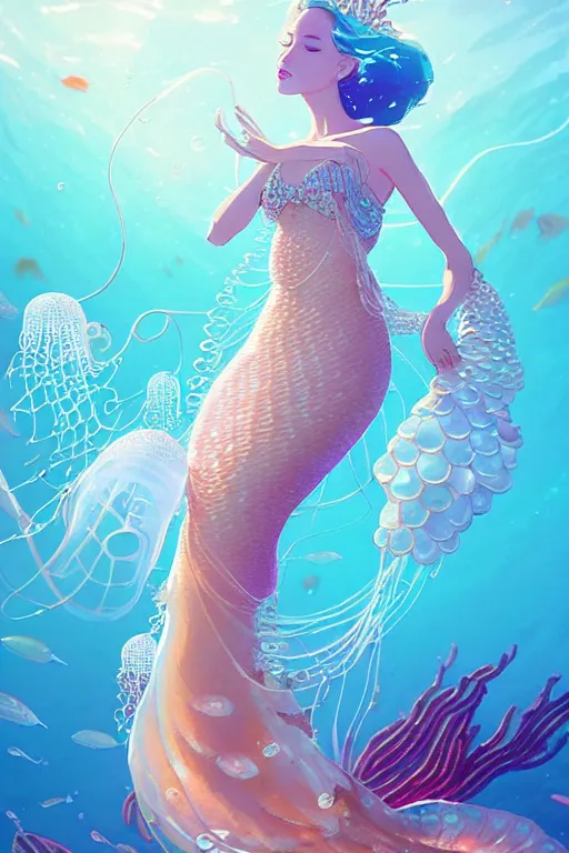 Image similar to a beautiful mermaid queen of the ocean in the middle of coral reefs, pearl and crystal jewelry, complex and shiny dress inspired by jellyfish, by ross tran and atey ghailan, by greg rutkowski, by greg tocchini, by james gilleard, by joe fenton, by kaethe butcher, dynamic lighting, grunge aesthetic