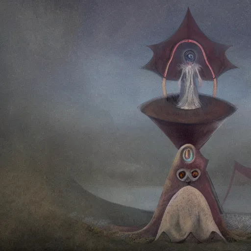 Prompt: eyeless watcher, dutiful return, golden age seraph bunkers, art by Leonora Carrington and Alexander Jansson, high detail, cinematic, cgsociety 8k