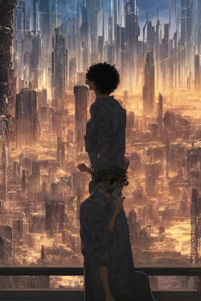 Image similar to a curly - haired persian guy wearing golden shades reflecting a cityscape against a cyberpunk city backdrop by makoto shinkai, masamune shirow and jean giraud