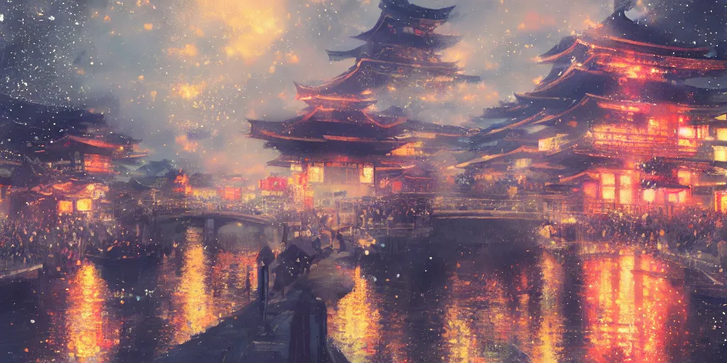 Image similar to anime kyoto animation key by greg rutkowski night, fireworks festival at river bank, kimono