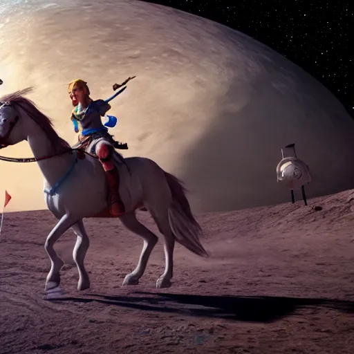 Prompt: zelda riding a horse on moon, detailed realistic face, hyper realistic, 4 k octan render, unreal 5