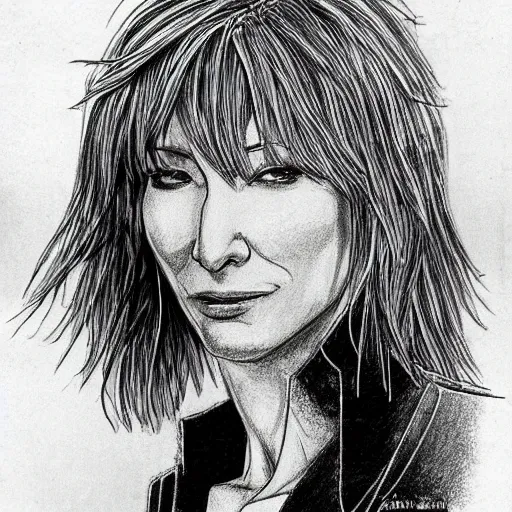 Image similar to An anime full body drawing of cate blanchett ,by Katsuhiro Otomo