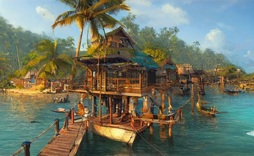 Prompt: a little fisher village on a tropical island, wood pier and houses, nets and boats, scenic view, sunset, matte painting by marc simonetti and rhads and donato giancola, trending on artstation