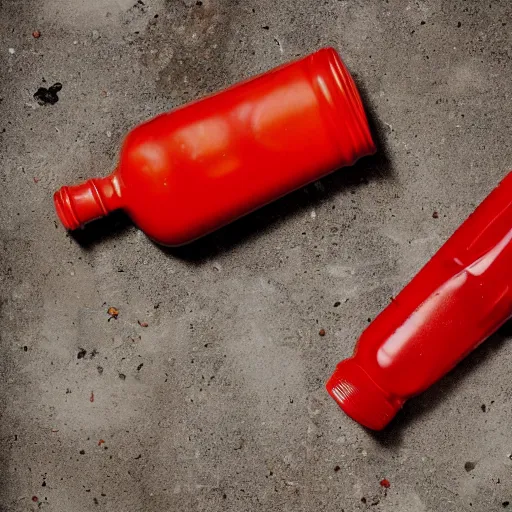 Prompt: a heinz ketchup bottle lying on a cement floor