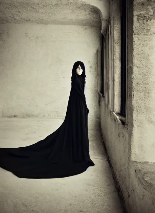 Prompt: a 1 4 year old girl with straight long black hair wearing black dress, photo by michal karcz and monia merlo