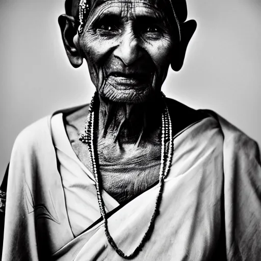Image similar to black and white photo, portrait of 100 year old Indian holy saint by richard avedon, realistic, Leica, medium format, cinematic lighting, wet plate photography, parallax, high resolution,