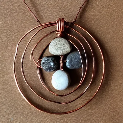 Image similar to beautiful but simple circular amulet made from equal parts bright sandstone and dark sandstone with a small rock shard separating them in the middle, bound together by copper wire and representing powerful love