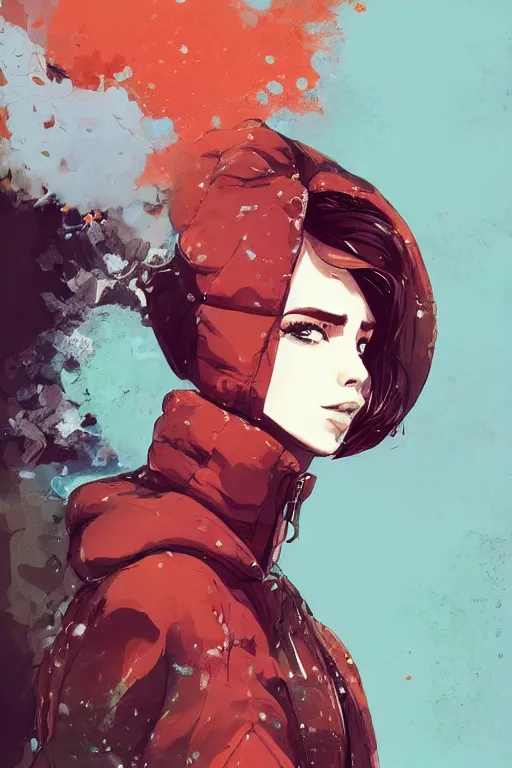 Image similar to a ultradetailed beautiful painting of a stylish woman wearing a puffer jacket, by conrad roset, greg rutkowsk and ilya kuvshinov trending on artstation