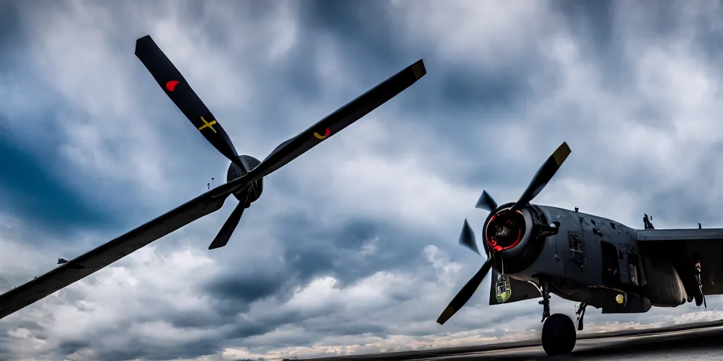 Prompt: a photo under flying war plane after a take off, photorealistic, high quality, hd, uhd, deep focus, wide lens, 1 6 mm, f 1. 8, professional photo, award winning, leica camera