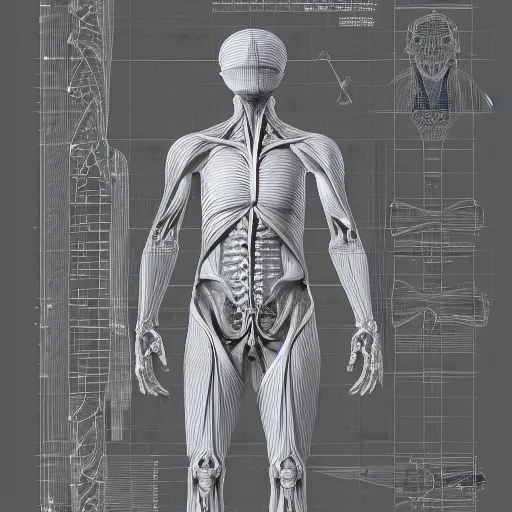 Prompt: detailed and intricate design of a full body of human anatomy, 3 d design, great finesse organic hyper detailed, engineering blueprints, technical drawings, calculus, stained paper, hyperrealistic, ultra detailed, 4 k, octane render, unreal engine