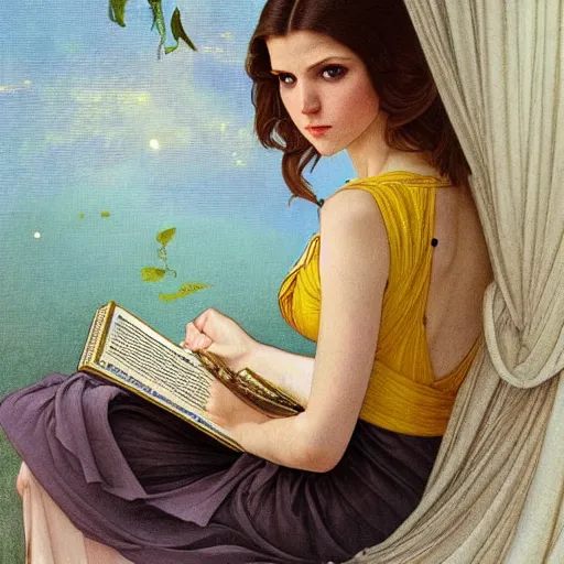 Image similar to anna kendrick wearing a yellow dress and reading a book, masterpiece, intricate, elegant, highly detailed, digital painting, artstation, concept art, smooth, sharp focus, illustration, art by artgerm and greg rutkowski and alphonse mucha and uang guangjian and gil elvgren and sachin teng, symmetry!!