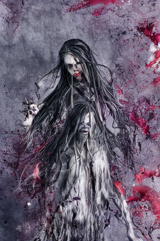 Image similar to A girl with a marble face, flowing silver-violet hair, stands with her arms spread out against the background of a blood-purple cloud, red streams flow through her body, skulls and bones of hands crawl out of the ground, dark red drops fly around, Anachronism, painting, dark fantasy, steampunk, 4k