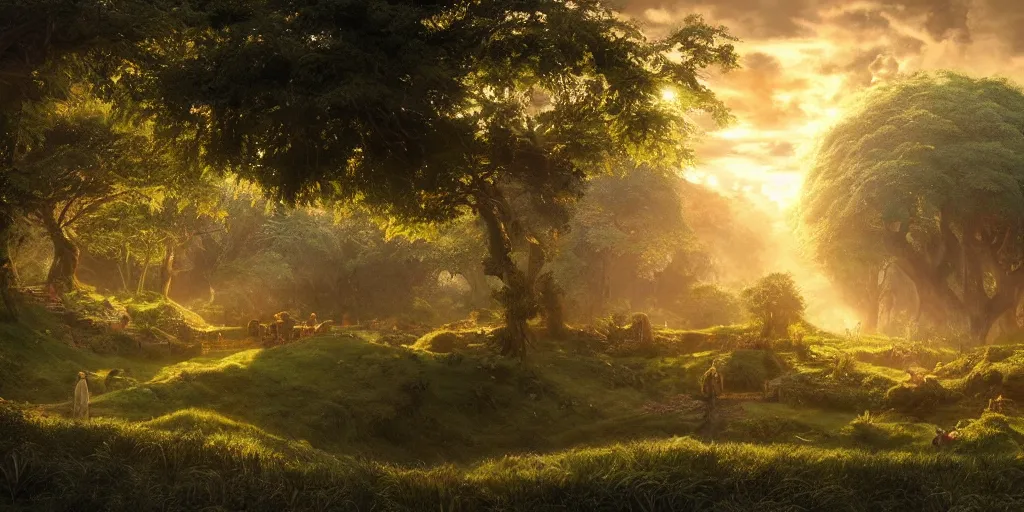 Prompt: lush and beautiful concept art for the shire, lord of the rings, peter jackson, studio ghibli, detailed, realistic lighting, volumetric lighting, golden hour,