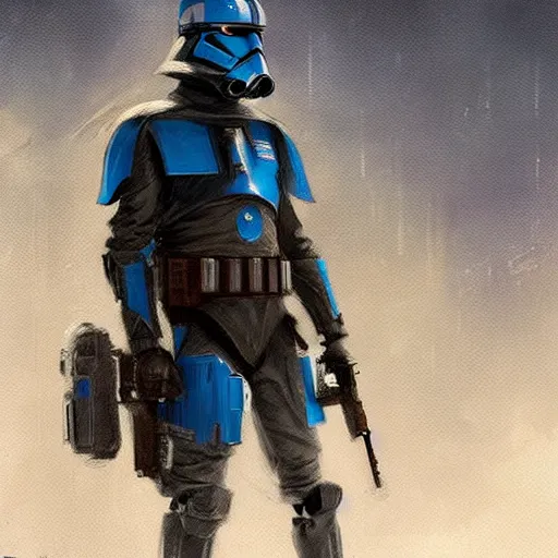 Image similar to star wars concept art by greg rutkowski, soldier wearing a blue and black tactical gear of the hapes republic, digital painting, artstation, concept art, smooth, sharp foccus ilustration, artstation hq