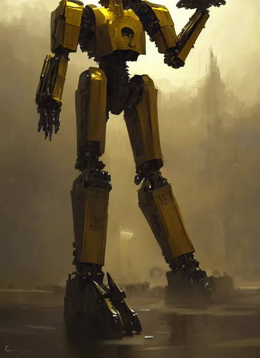 Prompt: human-sized strong intricate yellow pit droid, carrying longsword and big paladin shield, pancake flat head, exposed metal bones, painterly humanoid mecha, full body, sharp focus, cinematic, by Greg Rutkowski