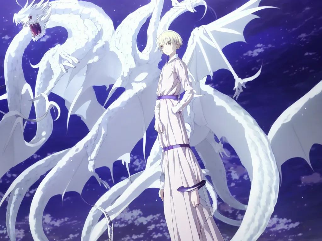 Image similar to anime art full body portrait character concept art, be surrounded by a huge silver white dragon center, in white clouds fairyland, anime key visual of violet evergarden, finely detailed perfect face delicate features directed gaze, trending on pixiv fanbox, violet evergarden, studio ghibli, xision, extremely high quality artwork