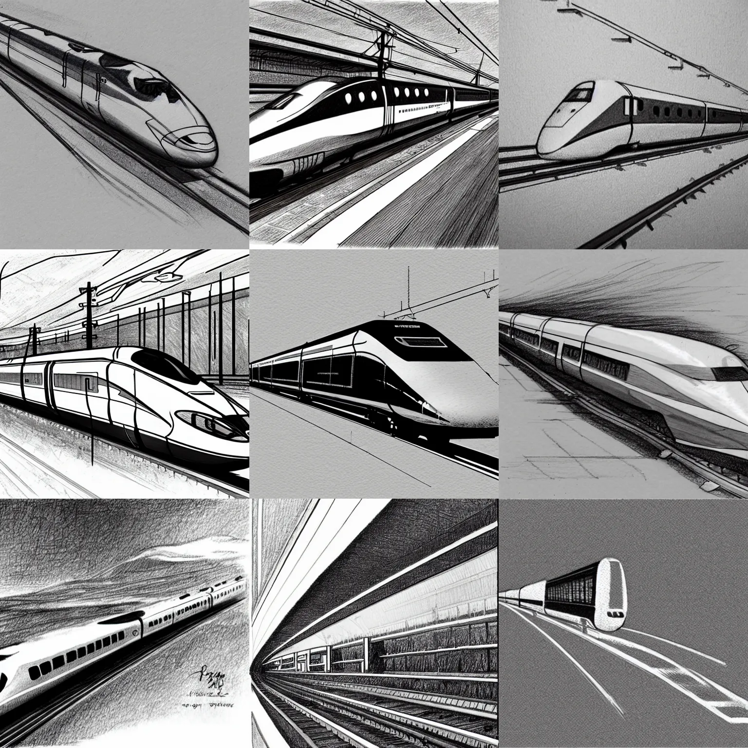 Prompt: a pencil sketch of a bullet train