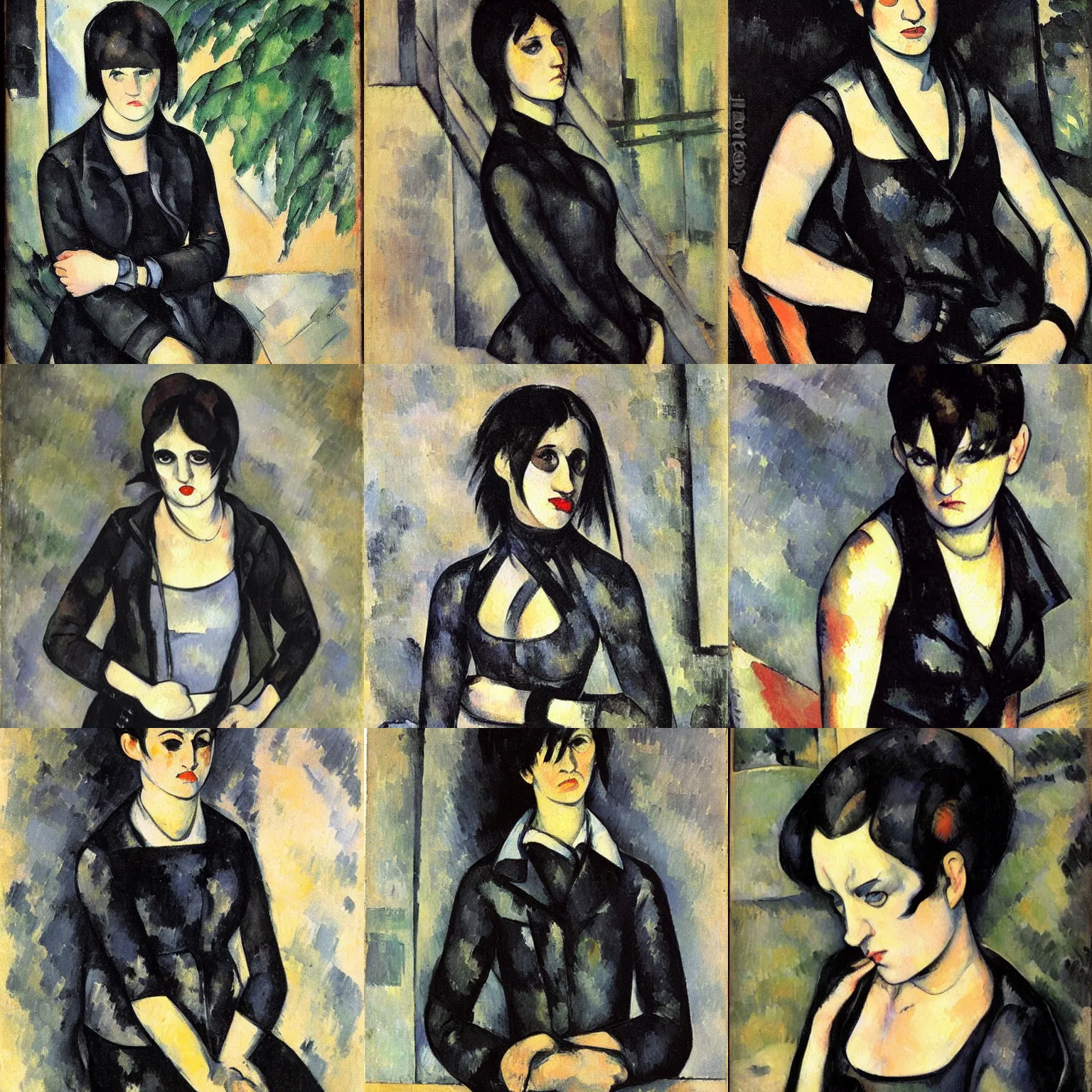 Prompt: an emo painted by paul cezanne. her hair is dark brown and cut into a short, messy pixie cut. she has large entirely - black evil eyes. she is wearing a black tank top, a black leather jacket, a black knee - length skirt, a black choker, and black leather boots.