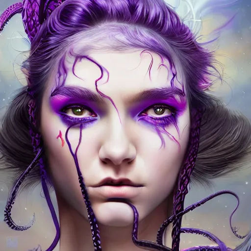 Image similar to detailed art portrait of a furious teen girl with thin, hair-like purple tentacles on her head and bright purple eyes, 8k,by tristan eaton, Stanley Artgermm,Tom Bagshaw,Greg Rutkowski,Carne Griffiths,trending on DeviantArt, face enhance,hyper detailed ,full of colour,