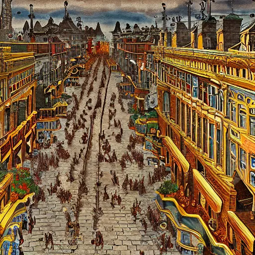 Image similar to gigantic ants walking through the center of a town, extreme detail, abstract realism, highly ornate intricate details, 1 9 2 0's colored pencil, 4 k, cinematic lighting,