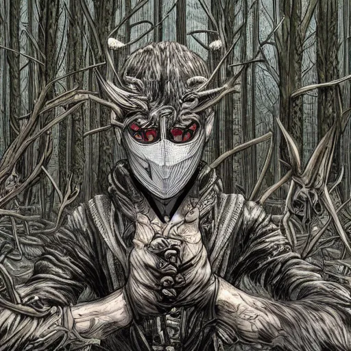 Image similar to hyper-detailed digital painting of a masked man in a dark forest, by kim jung gi