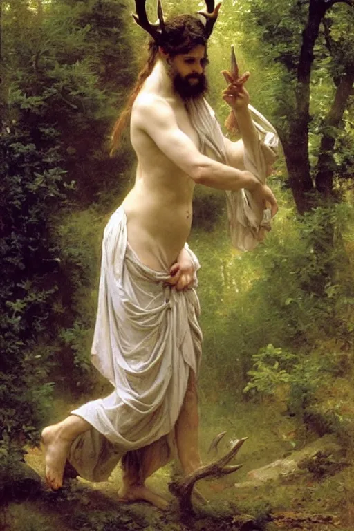 Image similar to druid shaman with antlers, bouguereau