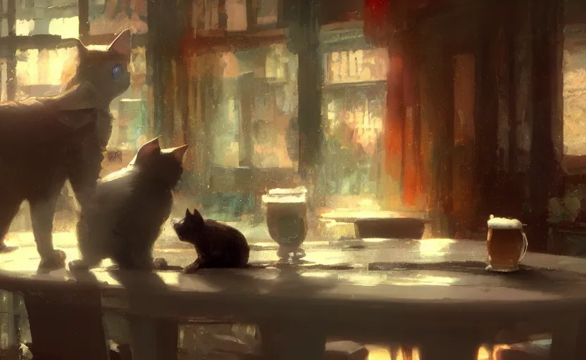 Prompt: a cat in a pub with beer, painting by craig mullins, octane rendering, soft morning lighting, wide angle lens, in the style of hayao miyazaki, trending on artstation,