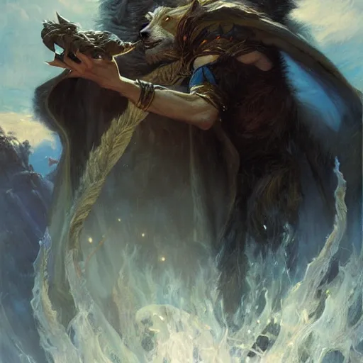 Image similar to stunning male wizard wolf casting his dark spell, highly detailed painting by gaston bussiere, craig mullins, j. c. leyendecker, 8 k