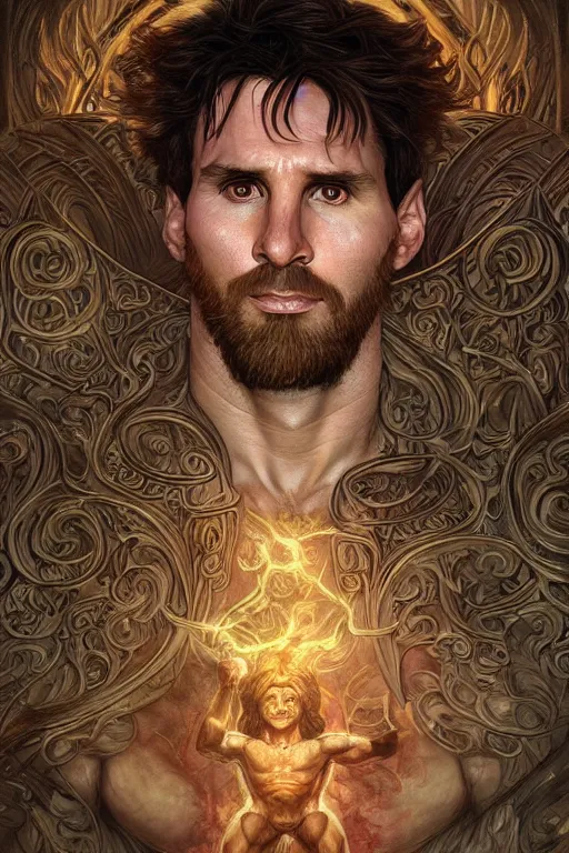 Prompt: portrait of lionel messi as a hulking herculean demon, forest, godlike, full body, fantasy, intricate, elegant, highly detailed, digital painting, artstation, concept art, sharp focus, illustration, art by artgerm and greg rutkowski and alphonse mucha