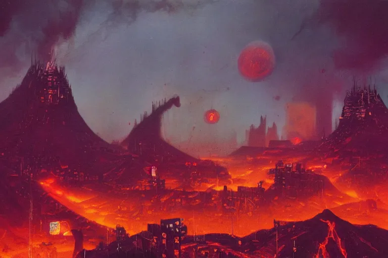 Prompt: a cyberpunk city in the crater of a volcano, lava flowing, smoke, fire, neon, industrial, by paul lehr