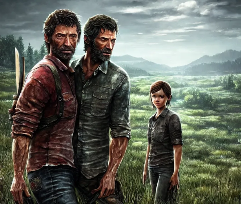 Image similar to hugh jackman as joel from the last of us standing with millie bobby brown as ellie, character concept art, hyperrealistic, detailed, accurate illustration, dramatic lighting