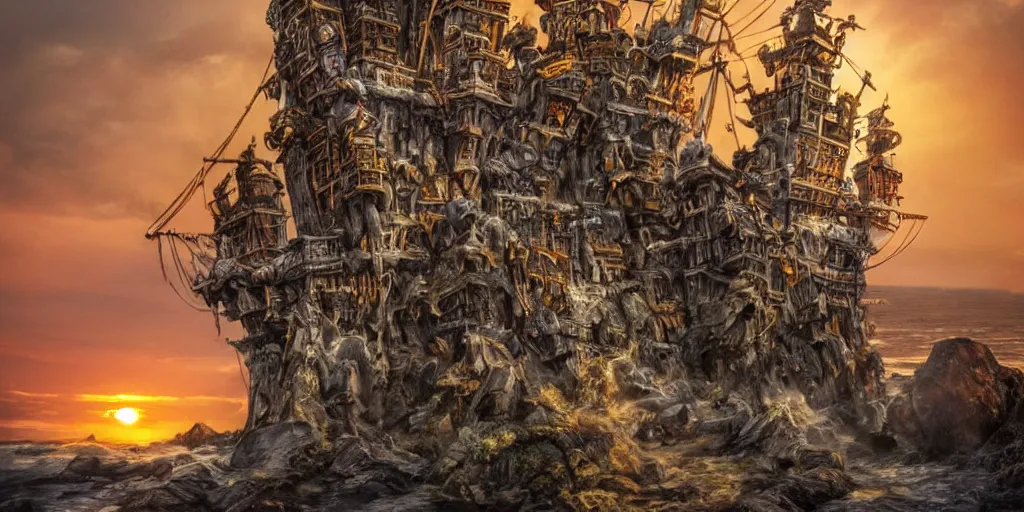 Prompt: a tower made of pirate ships staked on top of each other, ornate with gold trimmings by Adam Paquette , zhelong xu, Andree Wallin, carved into the side of subterranean rocky cliffs side by side a Very tall huge raging waterfall, river at the bottom, wide angle, insanely detailed, intricate, sunset, backlit lighting, dramatic lighting cinematic composition, composition by raphael lacoste, Neil blevinseddie mendoza, trending on artsation, octane render, hyper realistic, vray