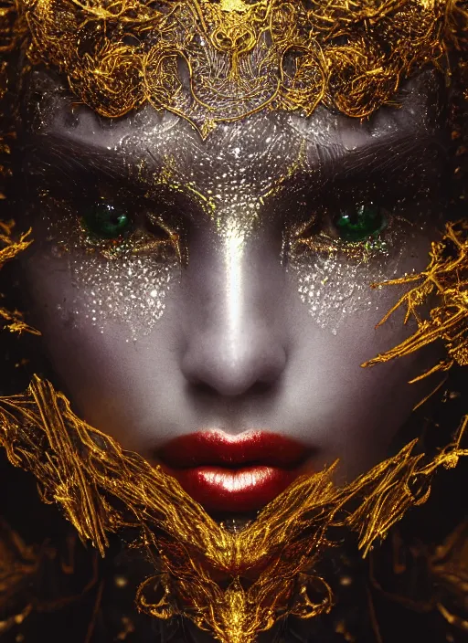 Image similar to glowing silver and golden elements, full close-up portrait, dark witch from shutterstock, book cover, green forest, white moon, red lips, establishing shot, extremly high detail, photo-realistic, cinematic lighting, pen and ink, intricate line drawings, by Yoshitaka Amano, Ruan Jia, Kentaro Miura, Artgerm, post processed, concept art, artstation, matte painting, style by eddie mendoza, raphael lacoste, alex ross