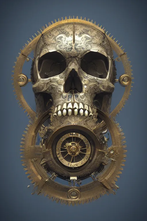 Image similar to clean 3 d render ultra detailed of a skull, intricate art deco and steam punk gears details inside, hyperrealistic, volumetric lighting, ultra detailed, elegant, octane render, blue and gold, 8 k, trending on artstation, unreal engine