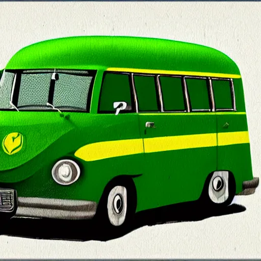 Image similar to retro painting illustration of a volswagen van, 2 d, pastel color, green, yellow, green, retro style art, trendy on artstation