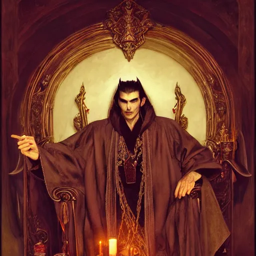 Image similar to perfectly centered portrait of attractive vampire king in a robe sitting on a throne of bones, highly detailed painting by gaston bussiere, craig mullins, j. c. leyendecker, 8 k