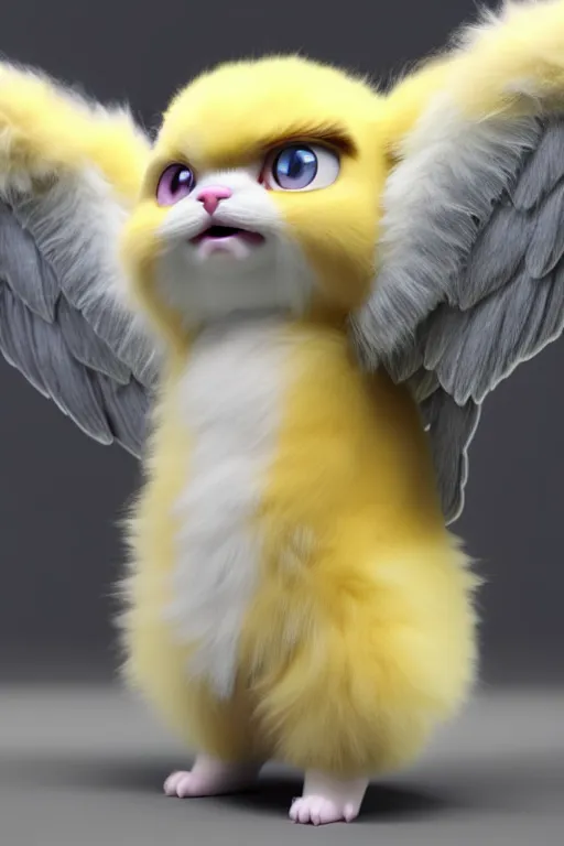 Image similar to high quality 3 d render hyperrealist very cute multipastel fluffy! grumpy griffin cat hybrid with fluffy wings!, vray smooth, in the style of detective pikachu, hannah yata charlie immer, dramatic yellow light, low angle, uhd 8 k, sharp focus